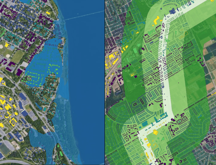 Left: 2008 Saint John River flood extents (Floods in Canada Archive, 2026); Right: 100, 500 and 1000 meters buffers on a new fictional transit line in Ottawa, ON