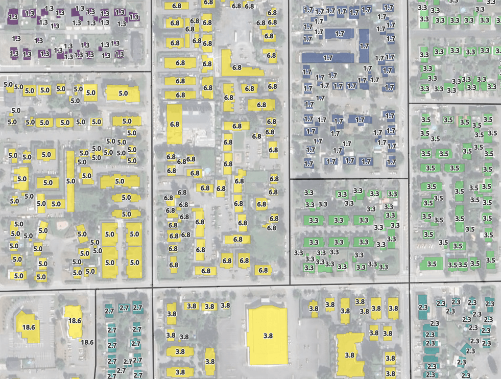 Close-up view with population labels and Dissemination Block census boundaries in Chilliwack, BC