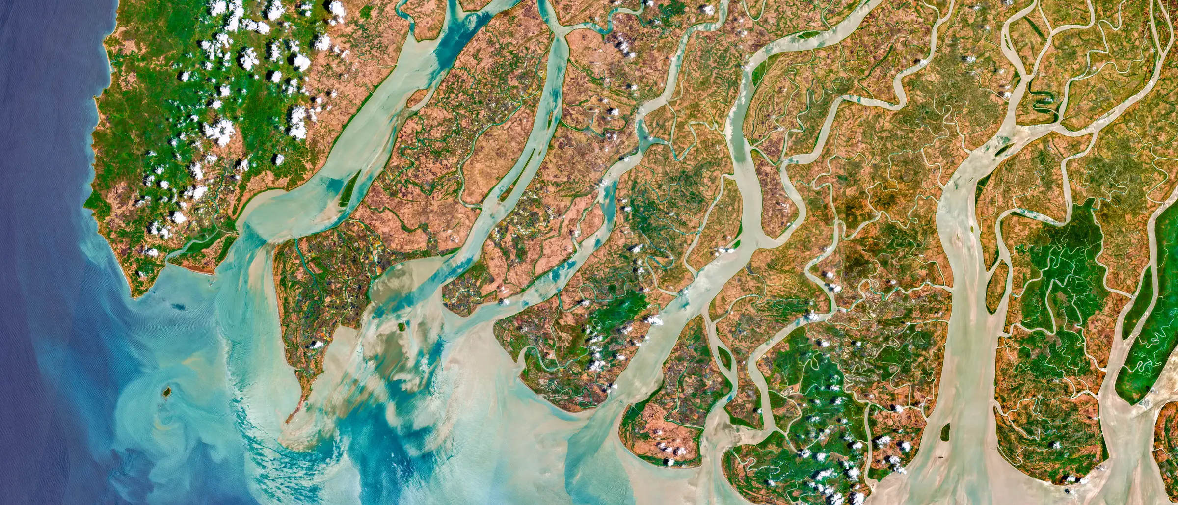 Satellite image of branching waterways and agricultural land in the Irrawaddy River Delta, Myanmar.